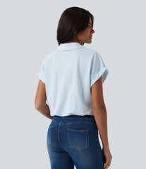 Collar Batwing Sleeve Stripes Crinkle Cotton Casual Shirt