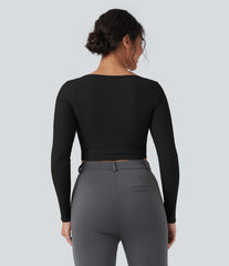 Ribbed Knit Square Neck Long Sleeve Curved Hem Work T-Shirt
