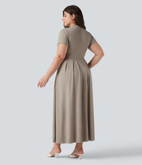 Plus Size Stand Collar Short Sleeve Flare Maxi Casual Dress with Pockets