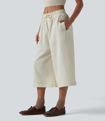 Mid Rise Drawstring Frill Trim Linen-Feel Casual Capri Baggy Pants with Pockets