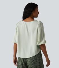 Puff Sleeve Curved Hem Texture Casual Blouse
