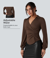 V Neck Long Sleeve Ruched Work Shirt