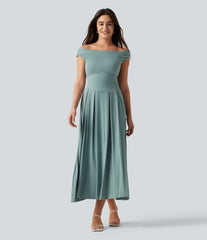 Ribbed Off Shoulder Tummy Control Midi Casual Flowy Dress
