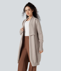 Lapel Long Sleeve Longline Work Cardigan with Pockets