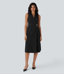 V Neck Sleeveless Wrapped Belted Midi Travel Dress with Pockets