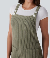 Ribbed Knit Pockets Casual Short Overalls