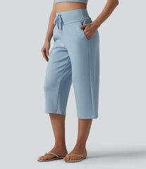 High Waisted Drawstring Straight Leg Capri Casual Pants with Pockets