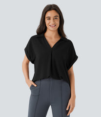 V Neck Short Sleeve Curved Hem Work Shirt