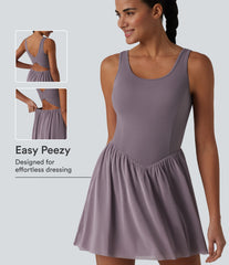 SoftlyZero™ Crisscross Backless Contrast Mesh 2-in-1 Built-in Bra Flowy Mini Tennis Active Dress with Pockets-Easy Peezy