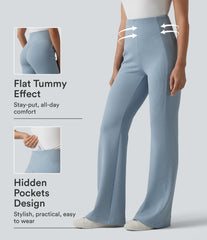SpacerTek™ Ribbed High Waisted Tummy Control Casual Flare Pants with Pocket