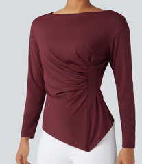 Boat Neck Long Sleeve Ruched Asymmetrical Hem Slim Work Blouse