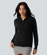 Hooded Drawstring Long Sleeve Zipper Casual Cardigan with Pockets