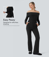 Ribbed Knit Foldover Off Shoulder Long Sleeve Bootcut Casual Jumpsuit with Pockets-Easy Peezy Edition