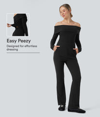 Ribbed Knit Foldover Off Shoulder Long Sleeve Bootcut Casual Jumpsuit with Pockets-Easy Peezy Edition