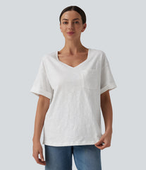 Sweetheart Neck Roll Short Sleeve Relaxed Casual Slubbed Cotton T-Shirt with Pocket