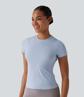 Ribbed Knit Round Neck Short Sleeve Workout Sports Top