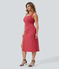 SoftlyZero™ Airy Square Neck Corset Ruched Bodycon Midi InstantCool Plus Size Dress