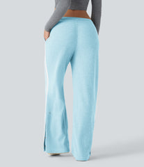 Low Rise Drawstring Color Block Snap Waffle Casual Wide Leg Pants with Pockets