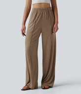 High Waisted Inner Drawstring Wide Leg Casual Linen-Blend Pants with Pockets
