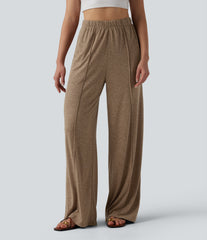 High Waisted Inner Drawstring Wide Leg Casual Linen-Blend Pants with Pockets