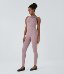 Round Neck Sleeveless Contrast Mesh Dance Jumpsuit
