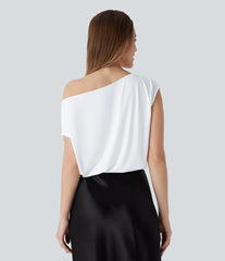 Asymmetrical Neck Ruched Work Bodysuit