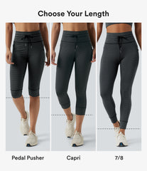 High Waisted Drawstring Stripe Pedal Pusher Yoga Leggings with Pockets