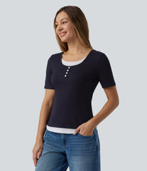 Round Neck Short Sleeve Color Block Casual T-Shirt