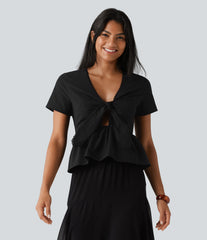 V Neck Tie Front Short Sleeve Quick Dry Top