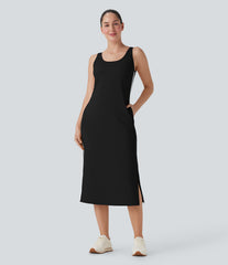 SoftlyZero™ Airy Color Block Hem InstantCool Workout Active Tank Dress with Pockets-UPF50+