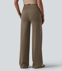 Ribbed Knit High Waisted Tummy Control Wide Leg Casual Pants with Pockets