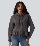Hooded Drawstring Long Sleeve Ruffle Hem Casual Cotton Sweatshirt