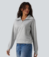 Lapel Half Zipper Long Sleeve Thumb Holes Casual Sweatshirt with Pockets