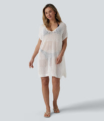 V-neck Split Hem Hollow Out Resort Cover Up Dress