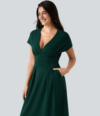 V-neck Batwing Short Sleeve Midi Casual Dress with Pockets