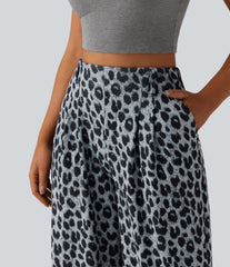 High Waisted Wide Leg Leopard Print Waffle Casual Pants with Pockets