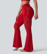 SoftlyZero™ High Waisted Crossover Pocket Contrast Lace Flare Yoga Leggings