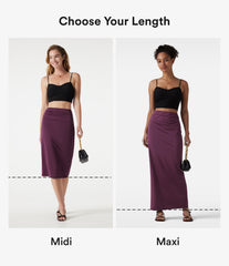 High Waisted Ruched Stretchy Satin-Like InstantCool Midi Casual Pencil Skirt