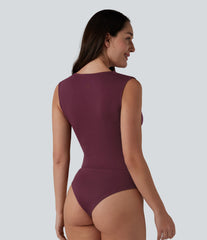 Ribbed V Neck Sleeveless Built-in Bra Ruched Casual Bodysuit
