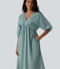 V Neck 3/4 Sleeve Midi Casual Linen-Feel Dress with Pockets