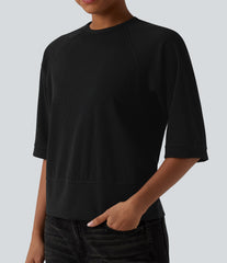 Ribbed Round Neck 3/4 Sleeve Casual Sweatshirt