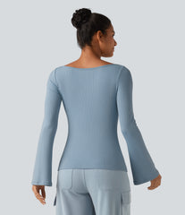 Ribbed Knit Boat Neck Bell Long Sleeve Casual Top