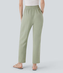 High Waisted Drawstring Casual Tapered Linen-Feel Pants with Pockets