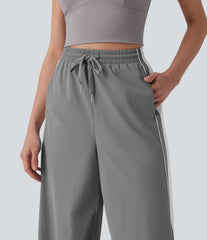 High Waisted Drawstring Wide Leg Stripe Quick Dry InstantCool Running Pants with Pockets-UPF40+