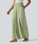 High Waisted Linen-Feel Casual Wide Leg Pants with Pockets