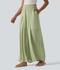 High Waisted Linen-Feel Casual Wide Leg Pants with Pockets