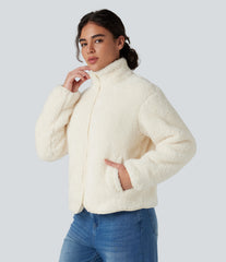 Stand Collar Long Sleeve Casual Sherpa Jacket with Pockets