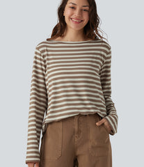 Boat Neck Long Sleeve Curved Hem Stripe Casual T-Shirt