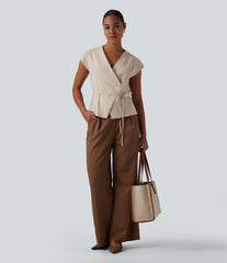 V Neck Short Sleeve Tie Front Work Linen-Feel Blouse