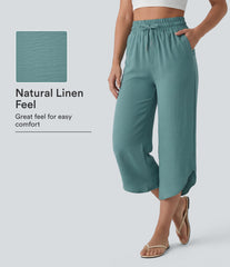 High Waisted Drawstring Curved Hem Cropped Casual Linen-Feel Pants with Pockets